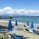 An array of recliners and umbrellas on a beach with a jetty